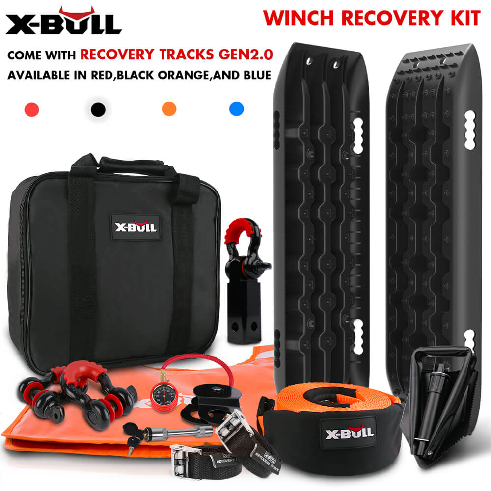 X-BULL Winch Recovery Kit Snatch Strap Off Road 4WD with Recovery Tracks Gen 2.0 Boards Black