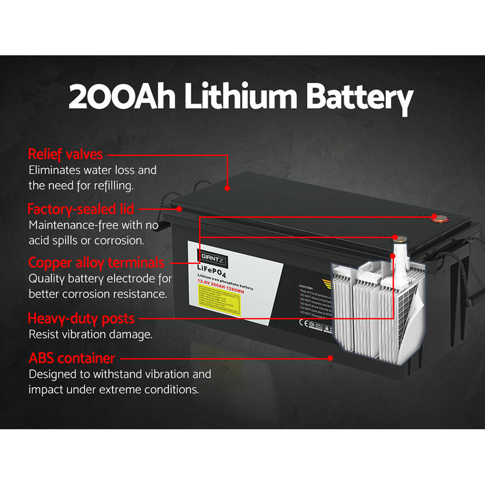 Giantz Lithium Iron Battery 200AH 12.8V LiFePO4 Deep Cycle Battery 4WD Camping