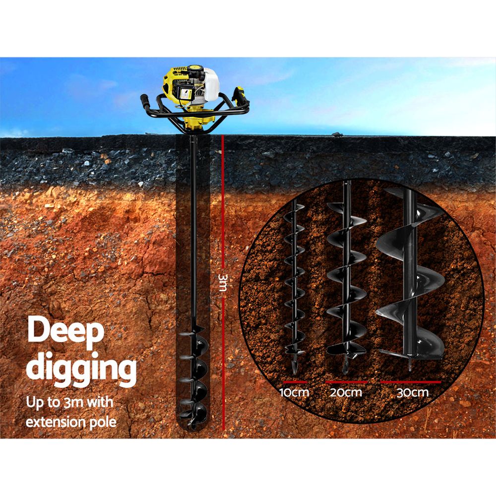 Giantz 92CC Post Hole Digger Petrol Drill Auger Extension Bits