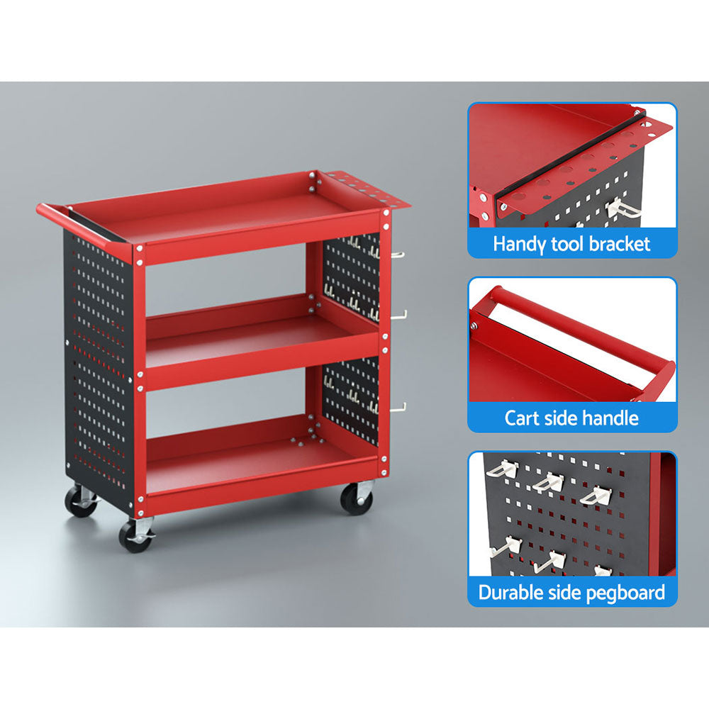 Giantz 3-Tier Tool Cart Storage Trolley Workshop Garage Pegboard Hooks Red