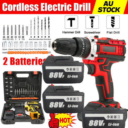 Cordless Drill w/2 Battery Heavy Duty Impact Driver Kit Brushless Hammer Set 88V