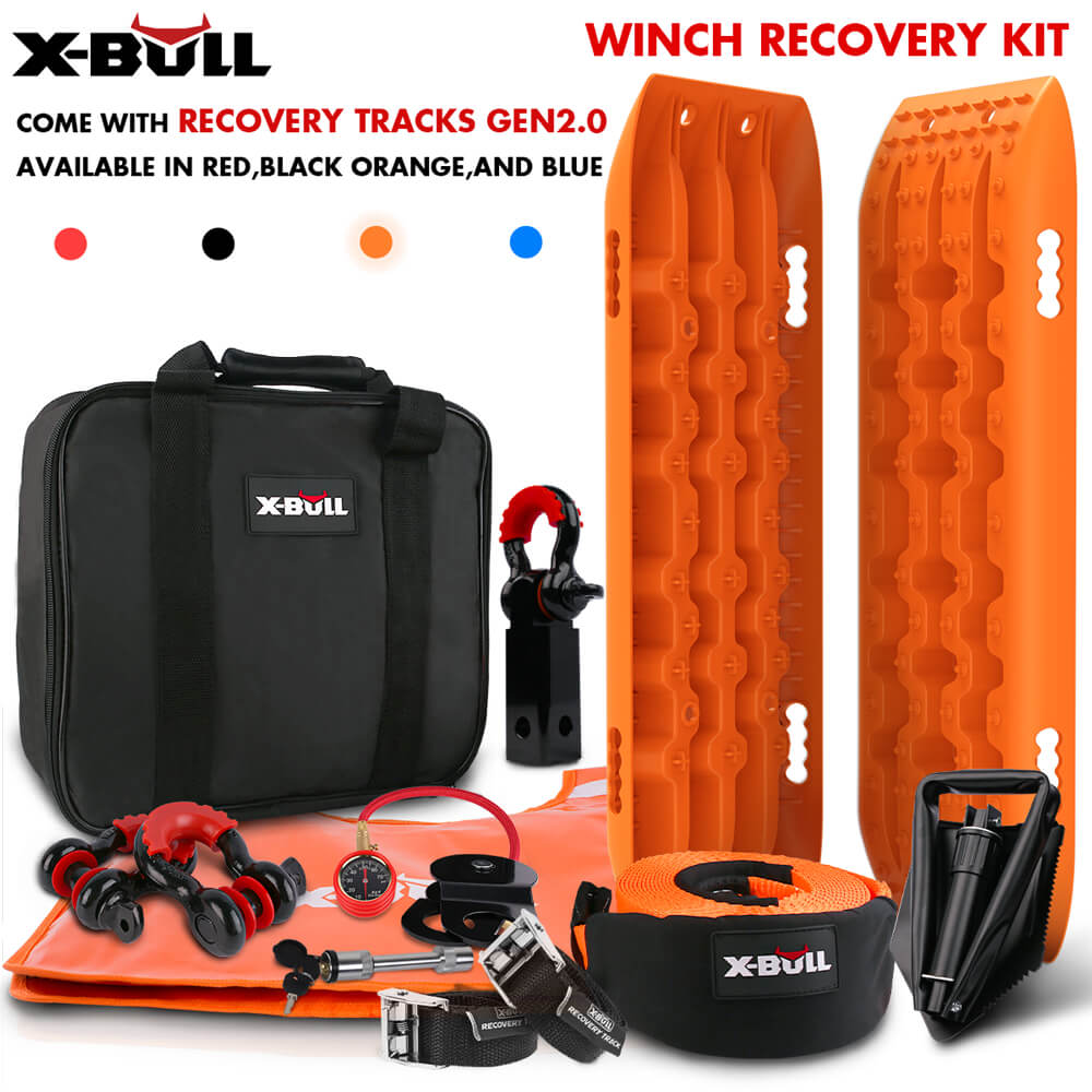 X-BULL Winch Recovery Kit Snatch Strap Off Road 4WD with Recovery Tracks Gen 2.0 Boards Orange