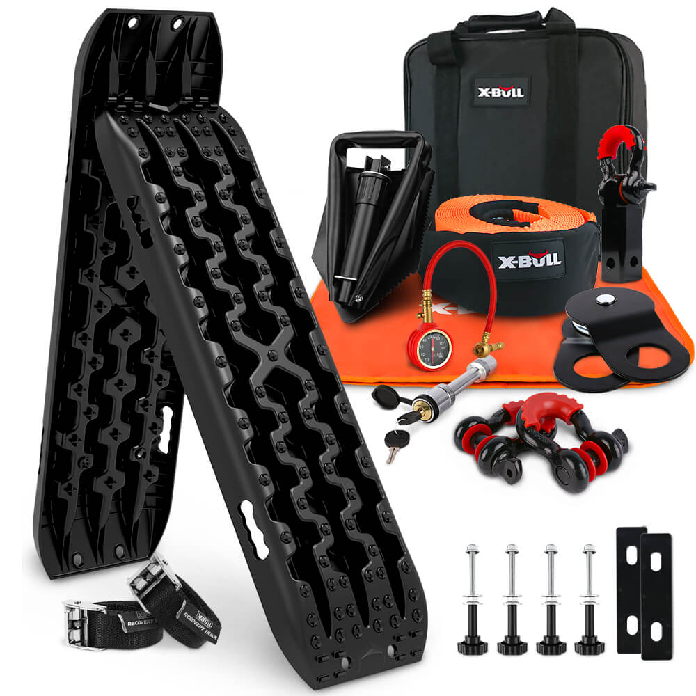 X-BULL Winch Recovery Kit with Recovery Tracks Boards Gen 3.0 Mounting Pins Snatch Strap Off Road 4WD Black