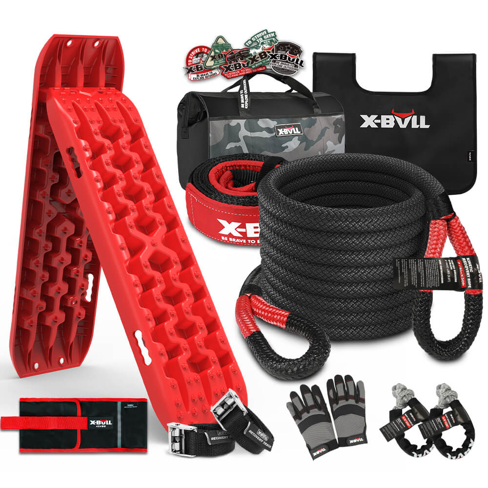 X-BULL 4X4 Recovery Kit Kinetic Recovery Rope Snatch Strap/ soft shackle/ 2PCS Recovery Tracks 4WD Gen3.0 Red