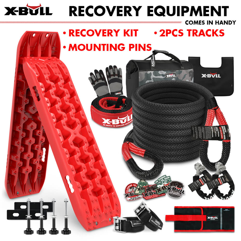 X-BULL 4X4 Recovery Kit Kinetic Recovery Rope Snatch Strap / 2PCS Recovery Tracks 4WD Mounting Pins Gen3.0 Red