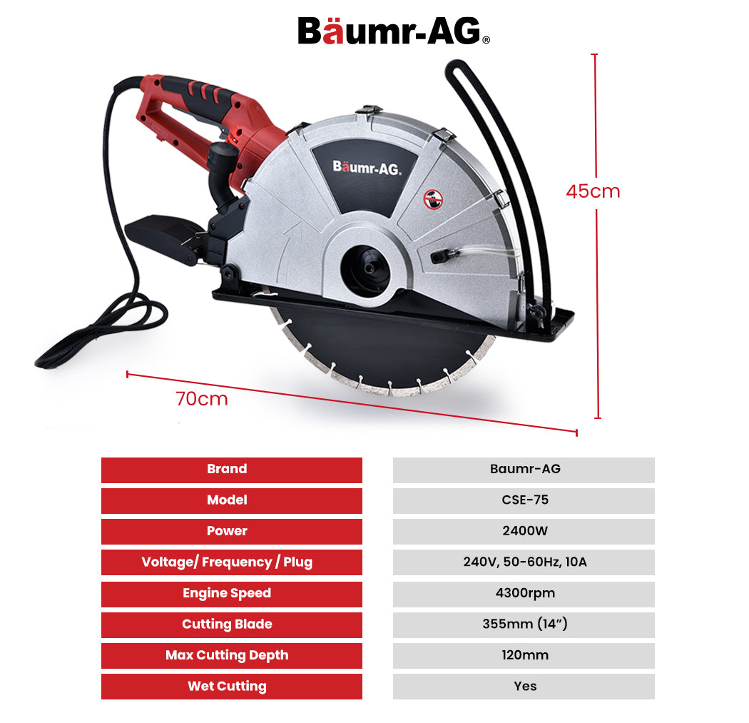 BAUMR-AG 2400W Electric Concrete Saw 355mm Demolition Cutter Wet Dry Demo Tool Circular Cutting