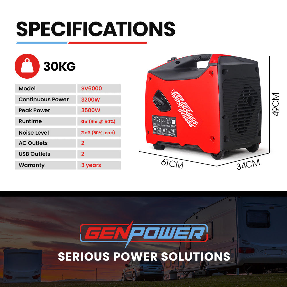 GENPOWER Inverter Generator Portable 3.5kW Max Petrol Pure Sine Wave Camping Power Station Red