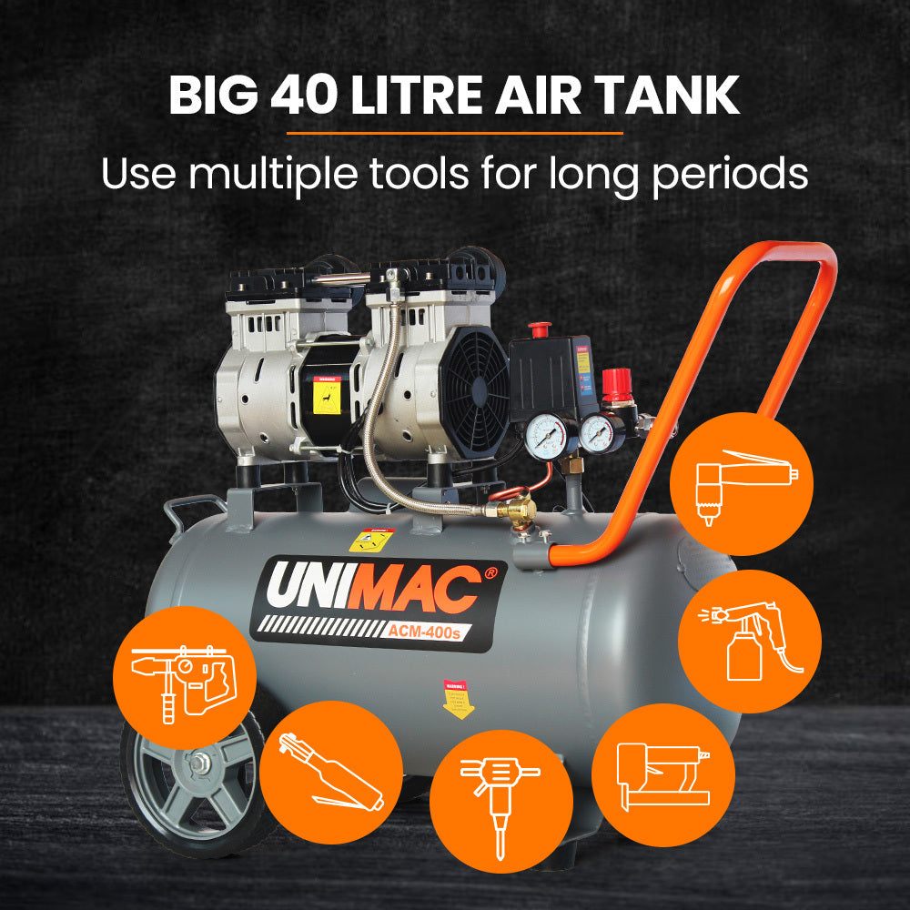 UNIMAC 40L 2.0HP Silent Oil-Free Electric Air Compressor, Portable, Twin Nitto Outlets