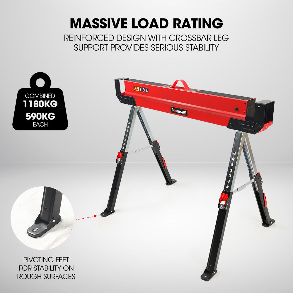 BAUMR-AG 2 x Steel Saw Horse, Folding Height Adjustable Sawhorse, 1180kg Capacity, 2x4 Support Arms