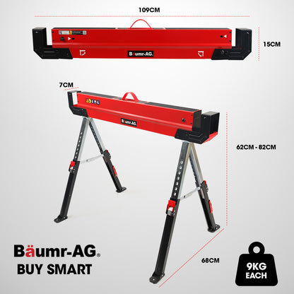 BAUMR-AG 2 x Steel Saw Horse, Folding Height Adjustable Sawhorse, 1180kg Capacity, 2x4 Support Arms