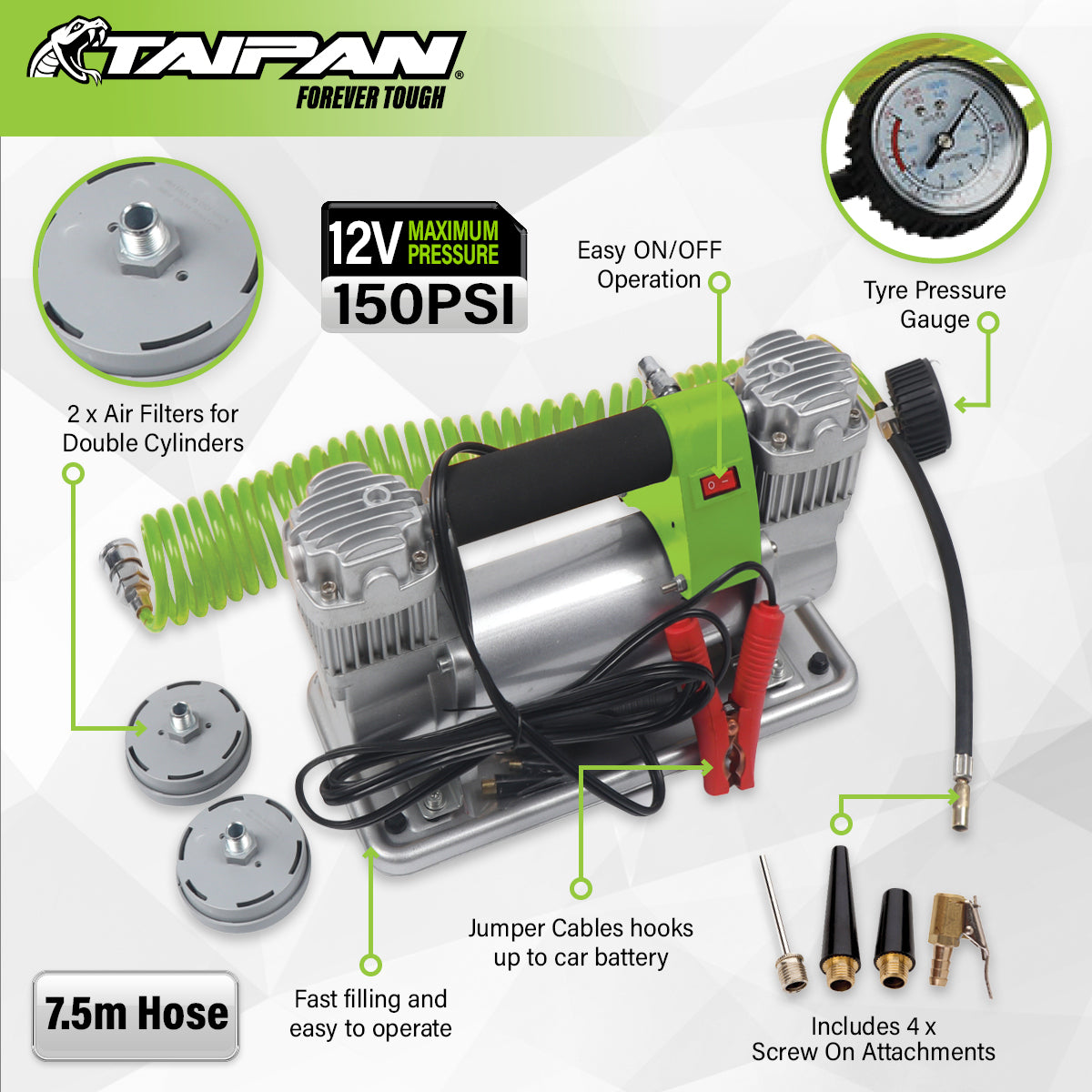 Taipan Air Compressor Portable 12V 150PSI LED Display Screen Various Nozzles